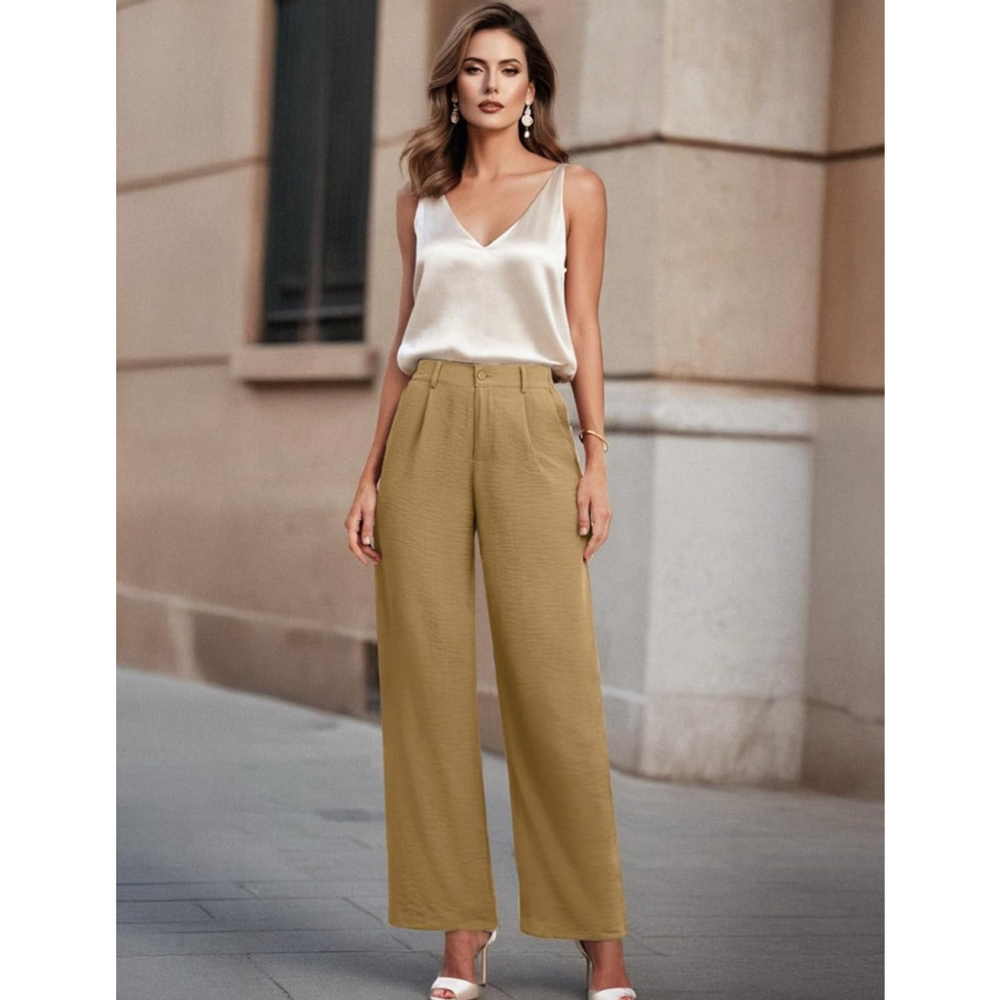 Womens Casual Wide Leg Pants High Waisted Button Down Khaki Pants - Picture 6 of 7